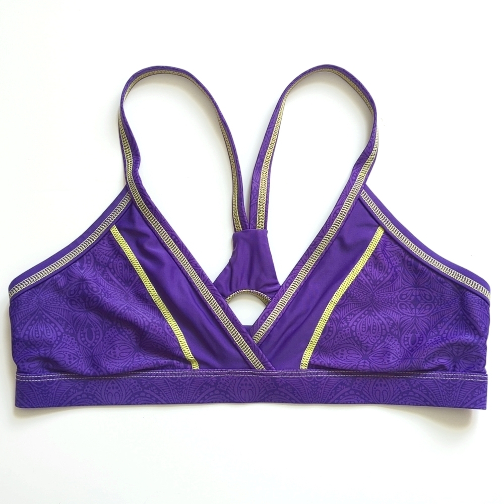 Athleta Contrast Stitched V-neck Cutout Racerback Swimsuit Bikini Top Purple M